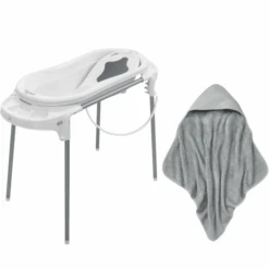 Rotho Babydesign Badestation TOP Xtra Weiß + Kapuzenhandtuch Stone Grey Gratis