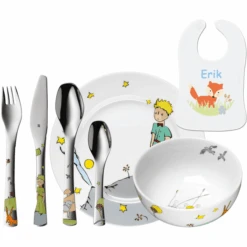 Schnullireich Geschenkset Mit Namen Kleiner Prinz: WMF Kinderbesteck + Teller/Schale+ Lätzchen Silber