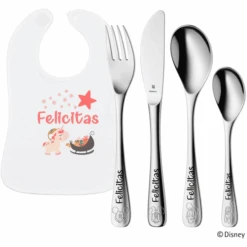 Schnullireich Geschenkset Mit Namen WMF Kinderbesteck Mickey & Friends + Lätzchen Einhorn Silber