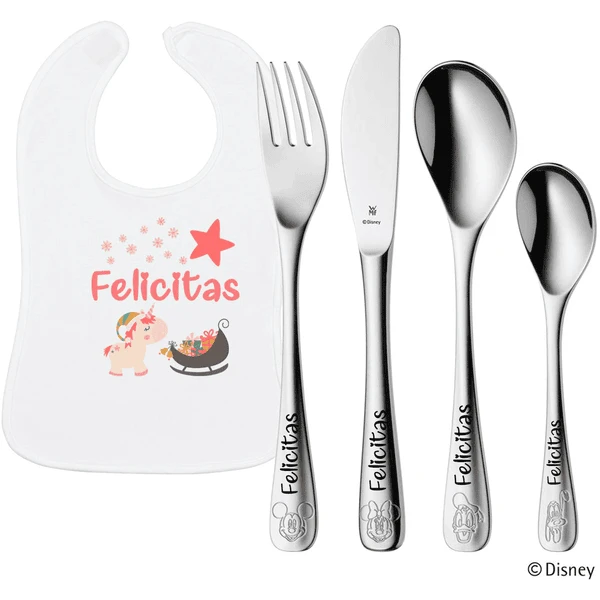 Schnullireich Geschenkset Mit Namen WMF Kinderbesteck Mickey & Friends + Lätzchen Einhorn Silber 3 Schnullireich Geschenkset Mit Namen WMF Kinderbesteck Mickey & Friends + Lätzchen Einhorn Silber